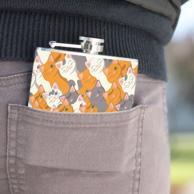 Ginger white black cat diagonal pattern hip flask (In Situ)