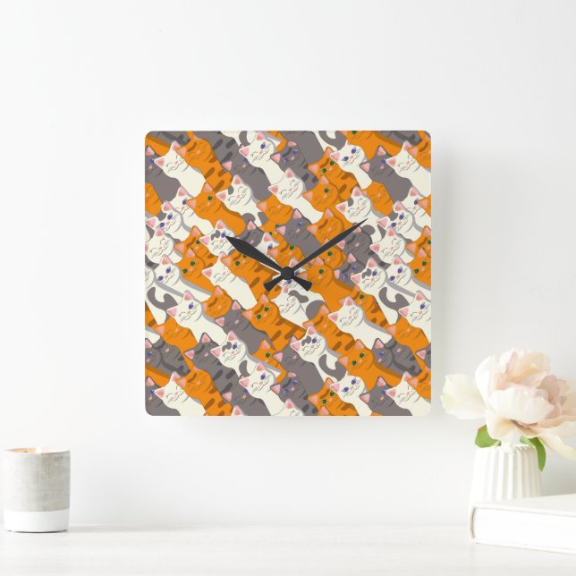 Ginger white black cat diagonal pattern square wall clock (Home)