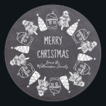 Gingerbread and Christmas Tree Chalkboard Classic Round Sticker<br><div class="desc">Traditional chalkboard design features a wreath made up of gingerbread houses and two styles of Christmas trees. Merry Christmas is written in a modern font. You name is written in a script text. All of the design and text is white. Easy-to-use template allows you to change all of the text...</div>