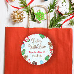 Gingerbread Baked With Love Christmas Cookies Classic Round Sticker<br><div class="desc">Celebrate the holidays with our 'Baked with Love Gingerbread' stickers! Adorned with Christmas sweets in the whimsical 'Brownies' font. Personalize with 'From the Kitchen of' and your name. Spread the festive cheer!</div>