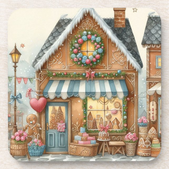 Gingerbread Bakery House Shop 3 beverage coaster (Front)