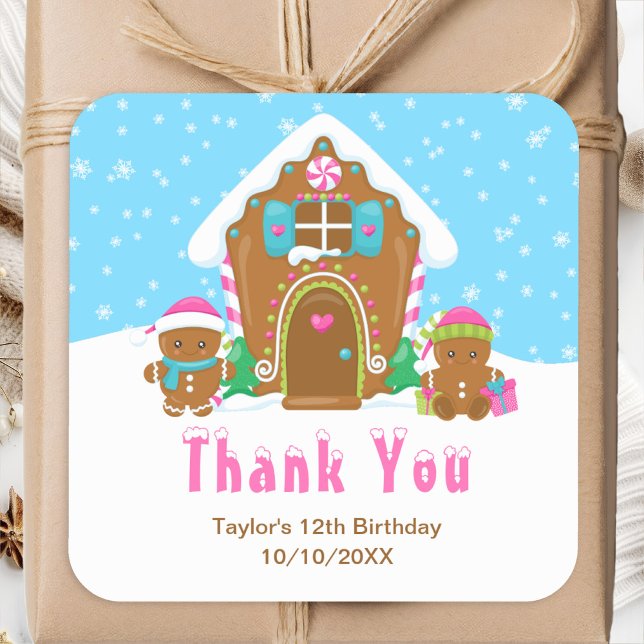 Gingerbread Birthday Party Blue Pink Thank You Square Sticker (Creator Uploaded)