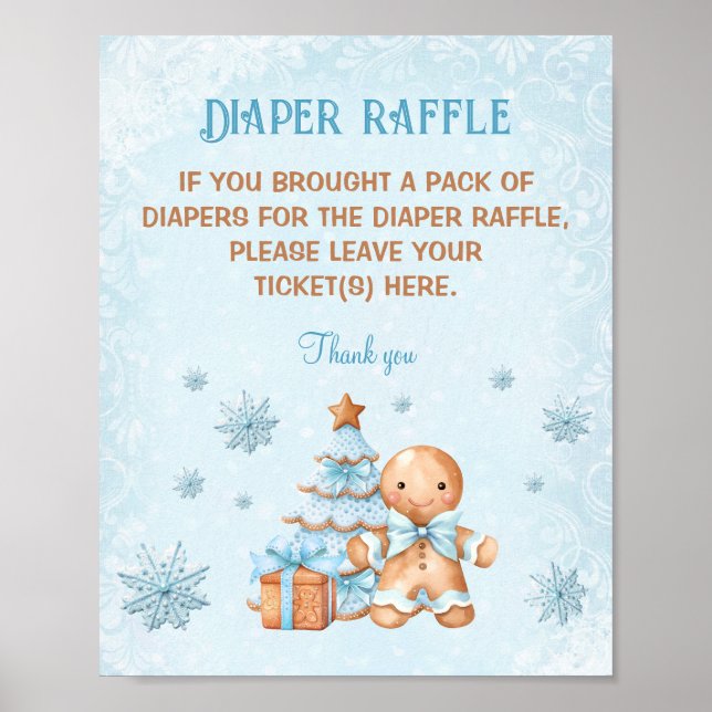 Gingerbread Blue Baby Shower Diaper Raffle Sign (Front)