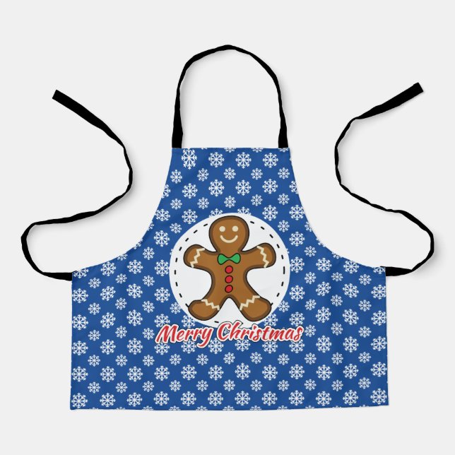 Gingerbread - Blue Snowflakes Pattern - Merry Xmas Apron (Front)