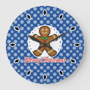 Gingerbread - Blue Snowflakes Pattern - Merry Xmas Large Clock