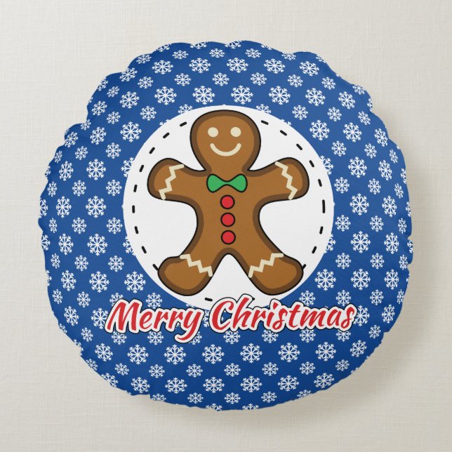Gingerbread - Blue Snowflakes Pattern - Merry Xmas Round Pillow (Front)