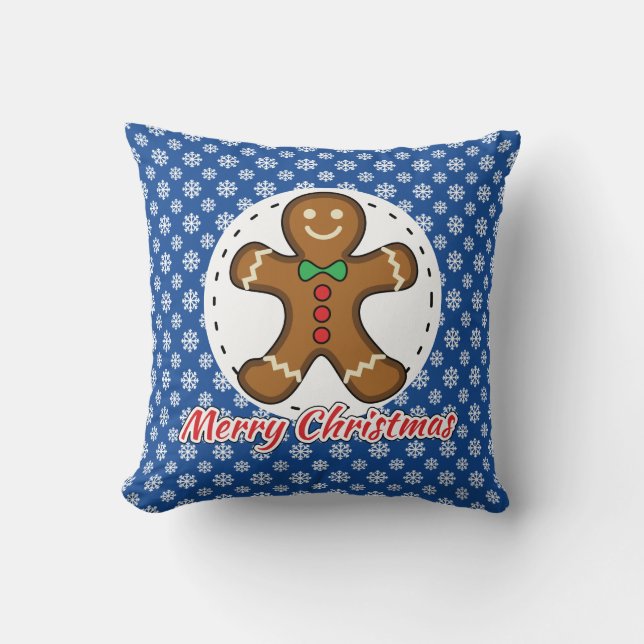 Gingerbread - Blue Snowflakes Pattern - Merry Xmas Throw Pillow (Front)
