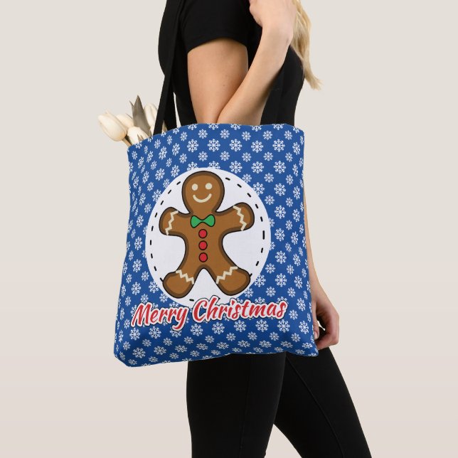 Gingerbread - Blue Snowflakes Pattern - Merry Xmas Tote Bag (Close Up)