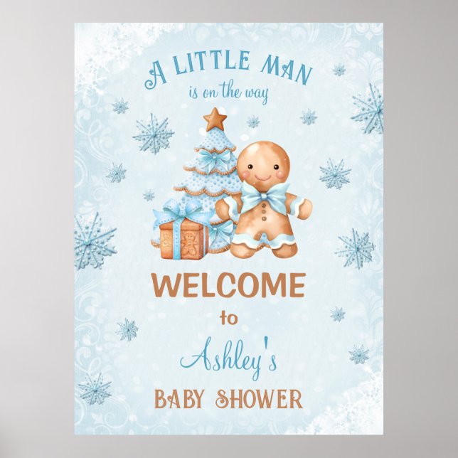Gingerbread Boy Blue Christmas Baby Shower Digital Poster (Front)