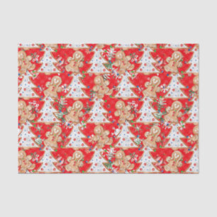 Gingerbread boy, girl Christmas tree on red Tissue Paper