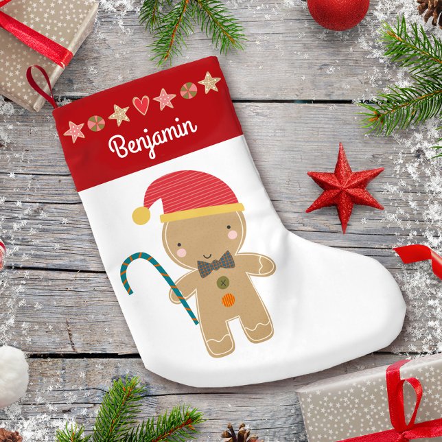 Gingerbread Boy Holiday Cookie Red Border Name Small Christmas Stocking (Creator Uploaded)