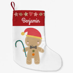 Gingerbread Boy Holiday Cookie Red Border Name Small Christmas Stocking