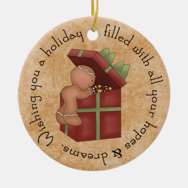 Gingerbread Boy peaking at present Ceramic Ornament (Front)