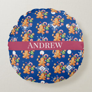 Gingerbread Candy Cane Christmas Red Blue Round Pillow