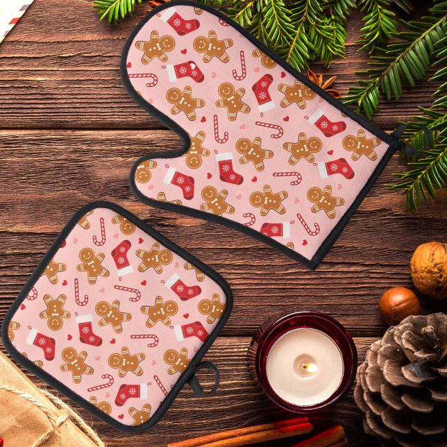 Gingerbread Candy Cane Stockings Christmas Pink Oven Mitt & Pot Holder Set (cute retro christmas mitch glove for kitchen featuring gingerbread, candy cane and stockings.)