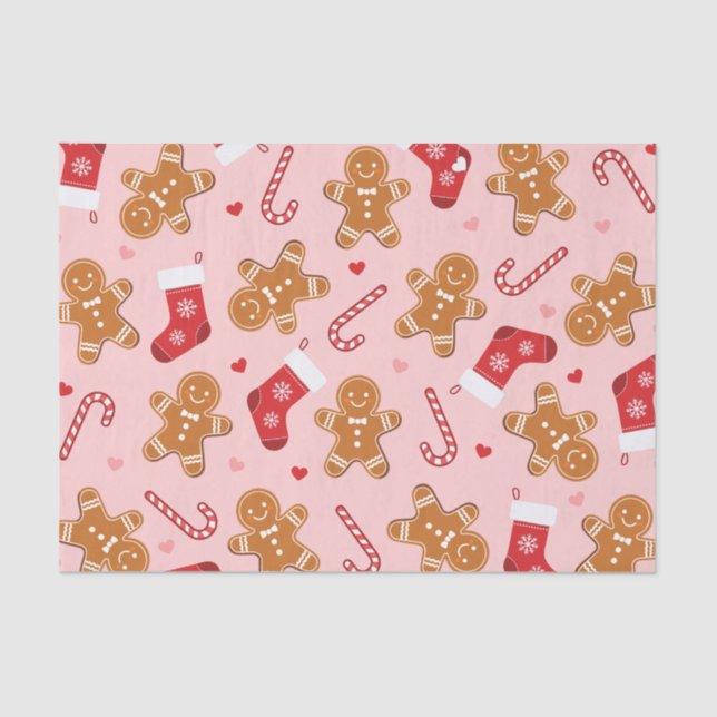 Gingerbread Candy Cane Stockings Pink Christmas Tissue Paper (Front)