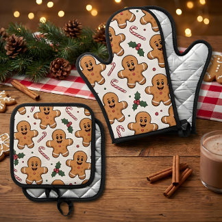 Gingerbread Candy Canes & Holly Sprigs Christmas Oven Mitt & Pot Holder Set