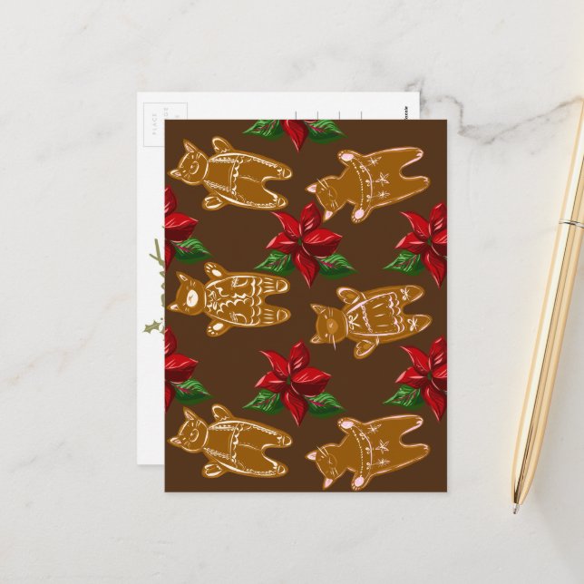 Gingerbread Cats on Dark Chocolate - Hand Drawn Holiday Postcard (Front/Back In Situ)