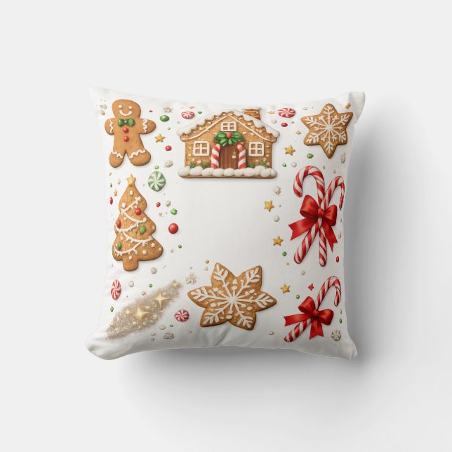 Gingerbread Christmas and Candy Cane Pattern Throw Pillow (Front)