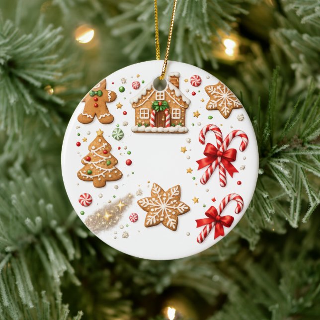 Gingerbread Christmas and Candy Canes Ceramic Ornament (Tree)