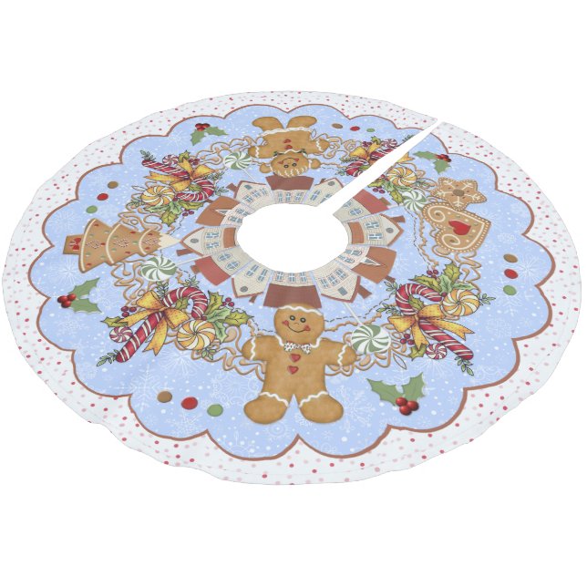 Gingerbread Christmas Blue Treeskirt Brushed Polyester Tree Skirt (Angled)