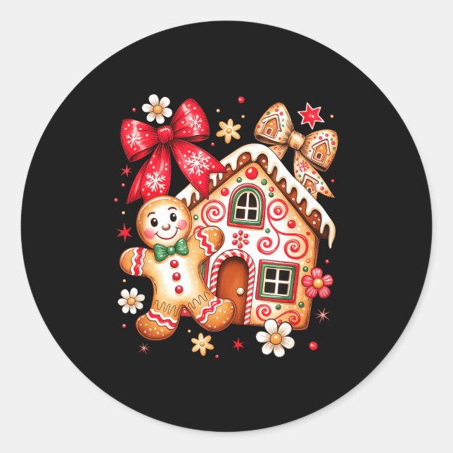 Gingerbread Christmas Bow Christmas House Retro Co Classic Round Sticker (Front)