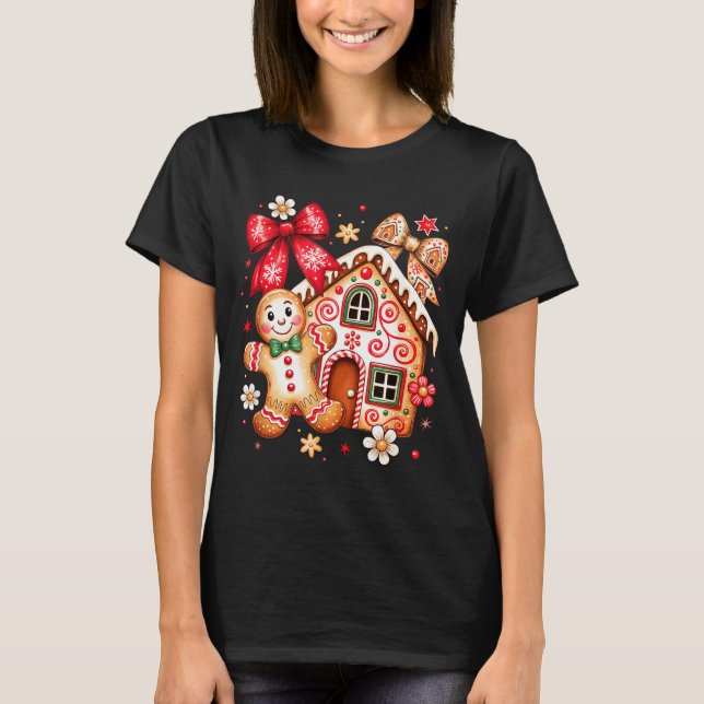 Gingerbread Christmas Bow Christmas House Retro Co T-Shirt (Front)