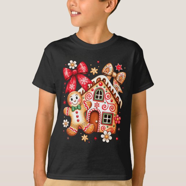 Gingerbread Christmas Bow Christmas House Retro Co T-Shirt (Front)