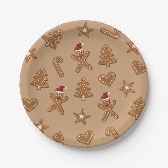 Gingerbread Christmas Cookie Shapes On Brown Paper Plate (Front)