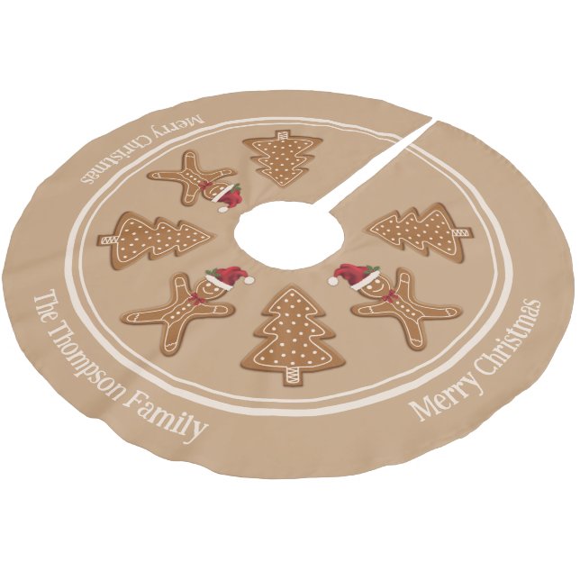 Gingerbread Christmas Cookie Shapes With Text Brushed Polyester Tree Skirt (Angled)