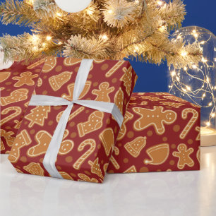 Gingerbread Christmas Cookies Dark Red Seamless Wrapping Paper