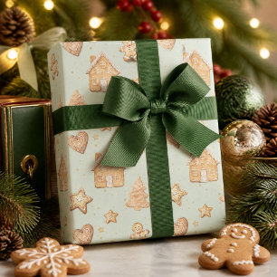 Gingerbread Christmas Cookies Sage Green Wrapping Paper