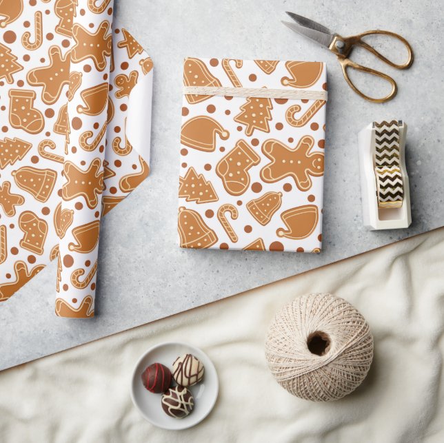Gingerbread Christmas Cookies White Seamless Gift Wrapping Paper (Crafts)
