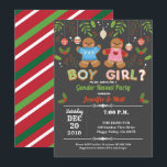 Gingerbread Christmas gender reveal baby shower Invitation<br><div class="desc">[All text are editable]
Get this cute design now!
Occasion: Christmas party,  gender reveal baby shower,  twins baby shower
Theme: Christmas,  gingerbread man
Style: cute,  fun,  cheerful
Colours: blue,  pink,  red,  green,  festive colours.
Graphics: chalkboard background,  colourful Christmas ornaments,  cute gingerbread boy,  gingerbread girl,  christmas cookies font alphabets</div>
