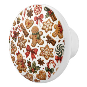 Gingerbread Christmas Pattern with Candy Canes Ceramic Knob