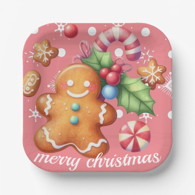 Gingerbread Christmas Peppermint Blue Name Pink Paper Plate (Front)