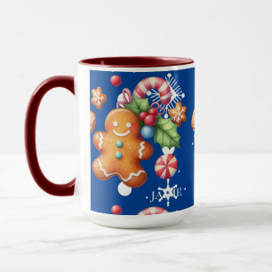 Gingerbread Christmas Peppermint Blue Name Snow Mug