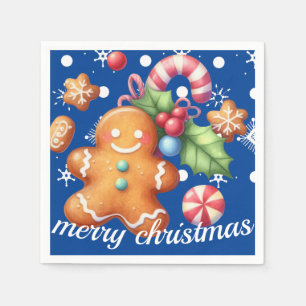 Gingerbread Christmas Peppermint Blue Name Snow Napkin