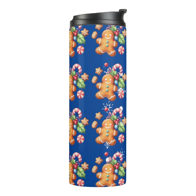Gingerbread Christmas Peppermint Blue Name Snow Thermal Tumbler (Rotated Left)