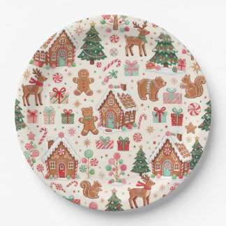 Gingerbread Christmas Village Woodland Animals Paper Plate