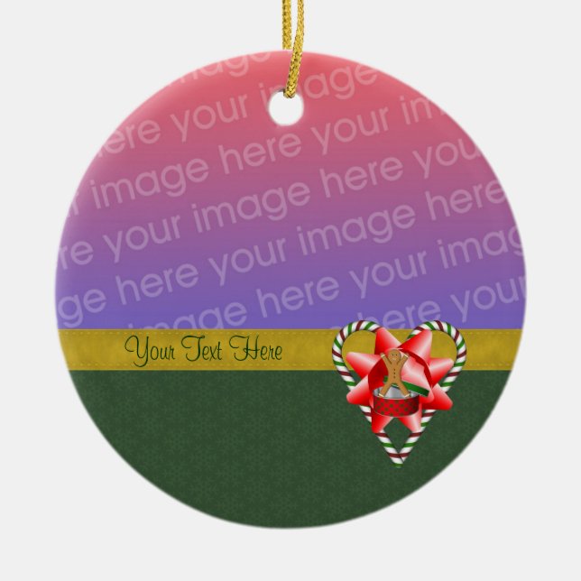 Gingerbread Cookie Candy Cane  Holiday Photo Ornam Ceramic Ornament (Front)