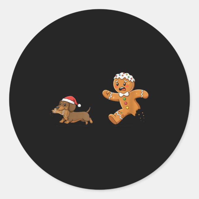 Gingerbread Cookie Chasing Dachshund Christmas Dog Classic Round Sticker (Front)