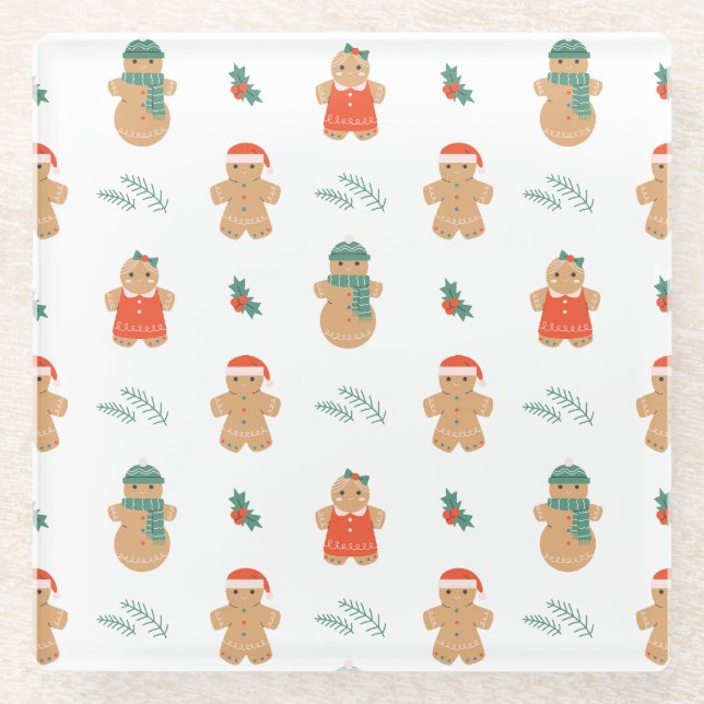 Gingerbread Cookie Christmas Pattern Glass Coaster (Front)