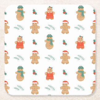 Gingerbread Cookie Christmas Pattern Square Paper Coaster