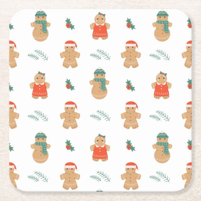 Gingerbread Cookie Christmas Pattern Square Paper Coaster (Front)