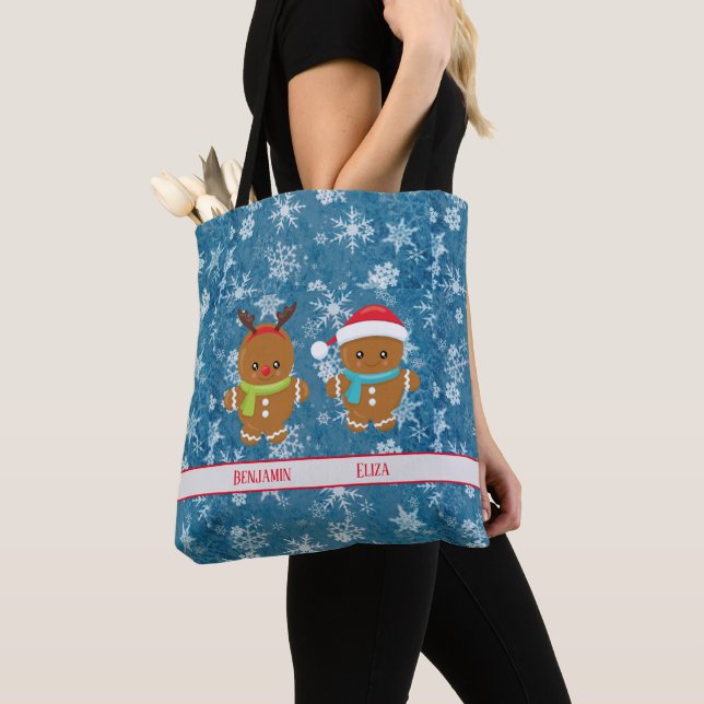 Gingerbread Cookie Couple with Names Snowflakes  Tote Bag (Close Up)