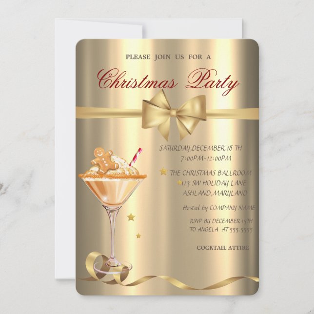 Gingerbread Cookie Drink Bow Gold Christmas Party  Invitation (Front)