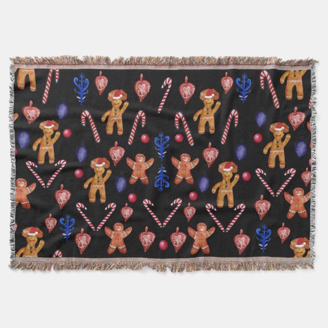 Gingerbread Cookie Man &Holiday Decor Throw Blanket (Front)