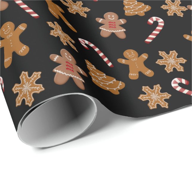 gingerbread cookies and candy canes on black wrapping paper (Roll Corner)