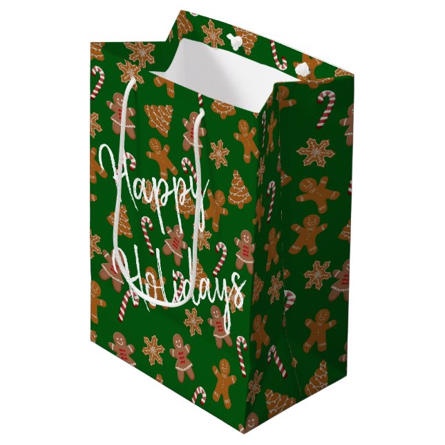 Gingerbread Cookies and Candy Canes on Green  Medium Gift Bag (Front Angled)